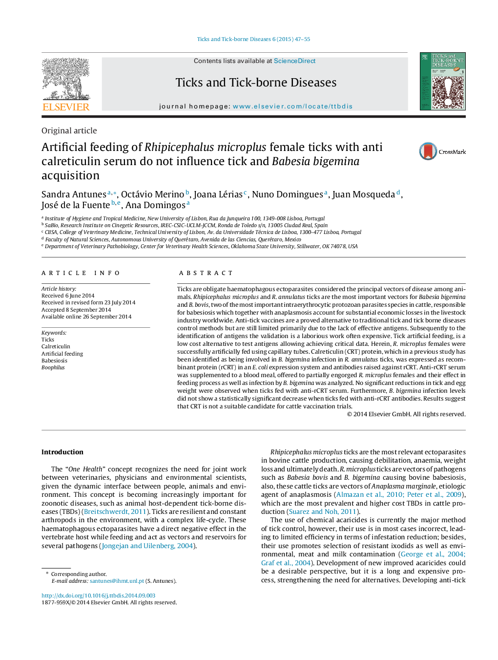 Artificial feeding of Rhipicephalus microplus female ticks with anti calreticulin serum do not influence tick and Babesia bigemina acquisition