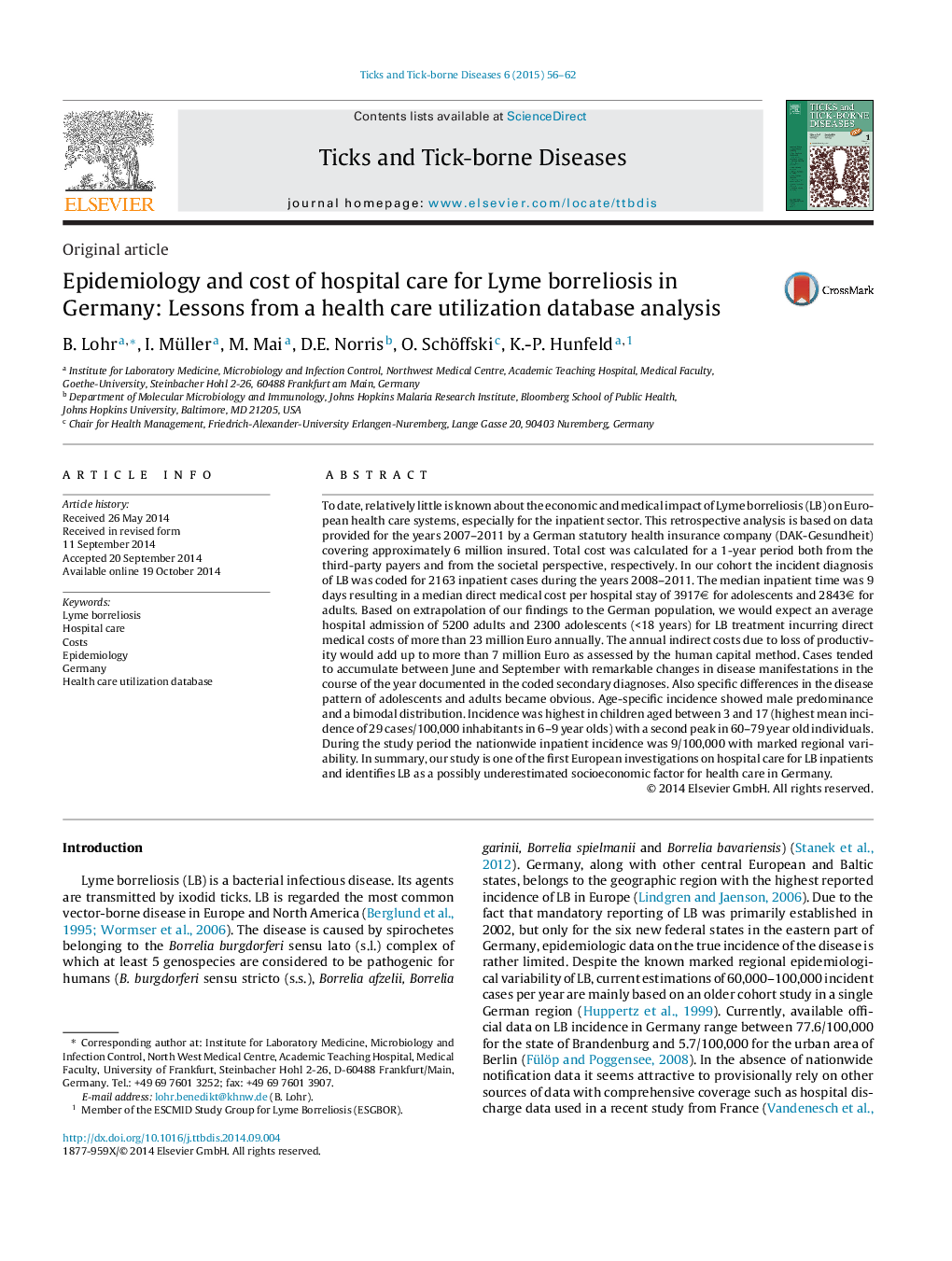 Epidemiology and cost of hospital care for Lyme borreliosis in Germany: Lessons from a health care utilization database analysis