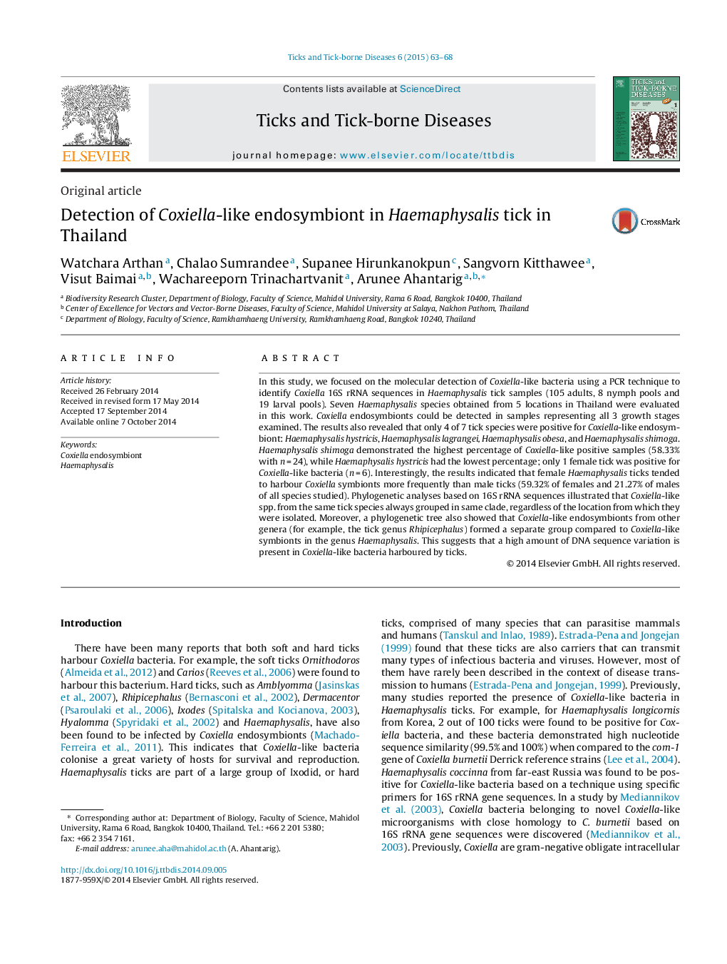 Detection of Coxiella-like endosymbiont in Haemaphysalis tick in Thailand