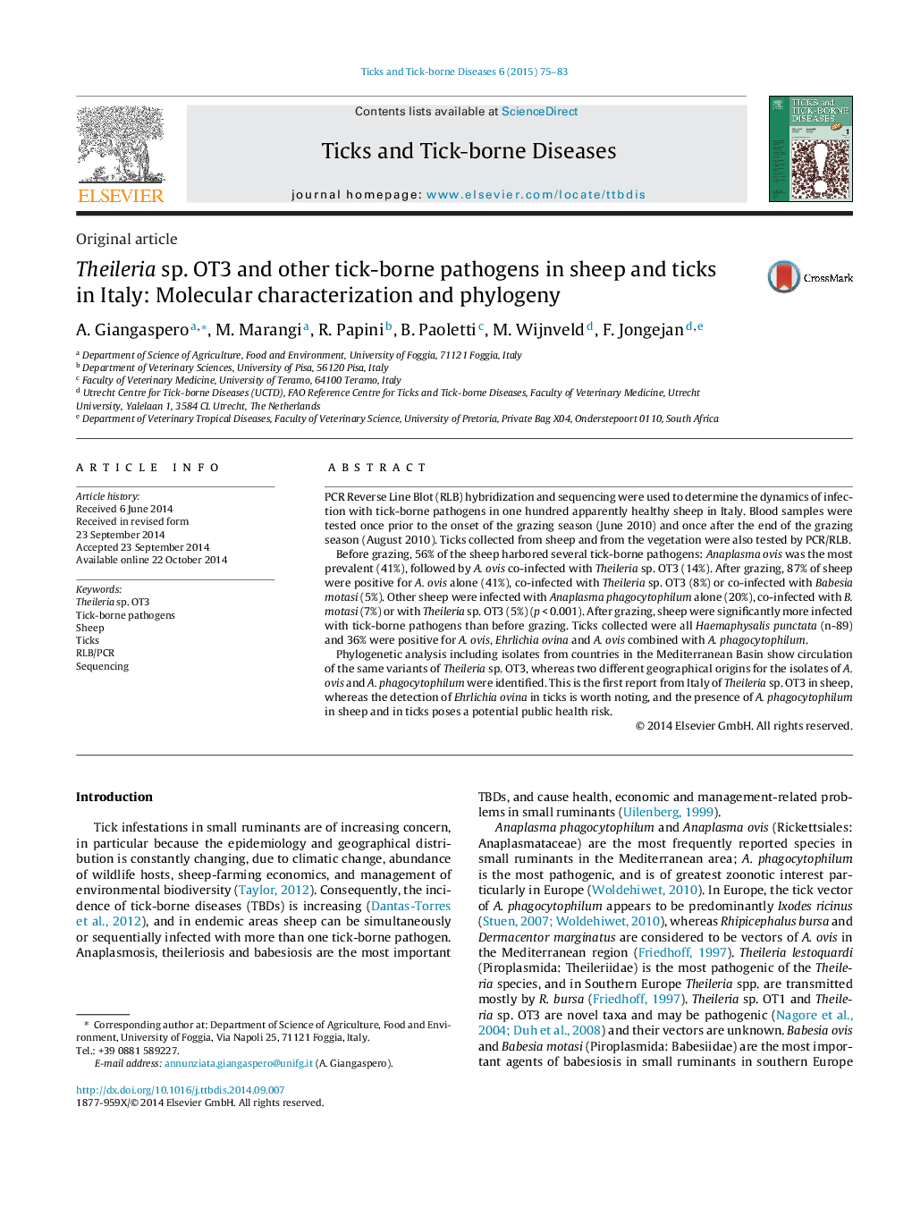 Theileria sp. OT3 and other tick-borne pathogens in sheep and ticks in Italy: Molecular characterization and phylogeny