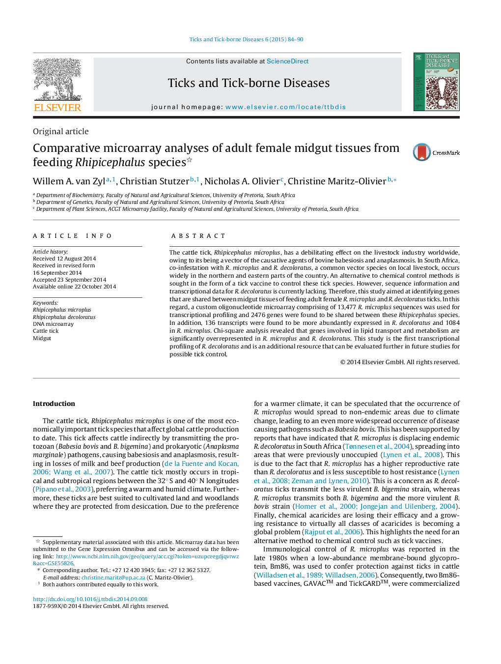 Comparative microarray analyses of adult female midgut tissues from feeding Rhipicephalus species 