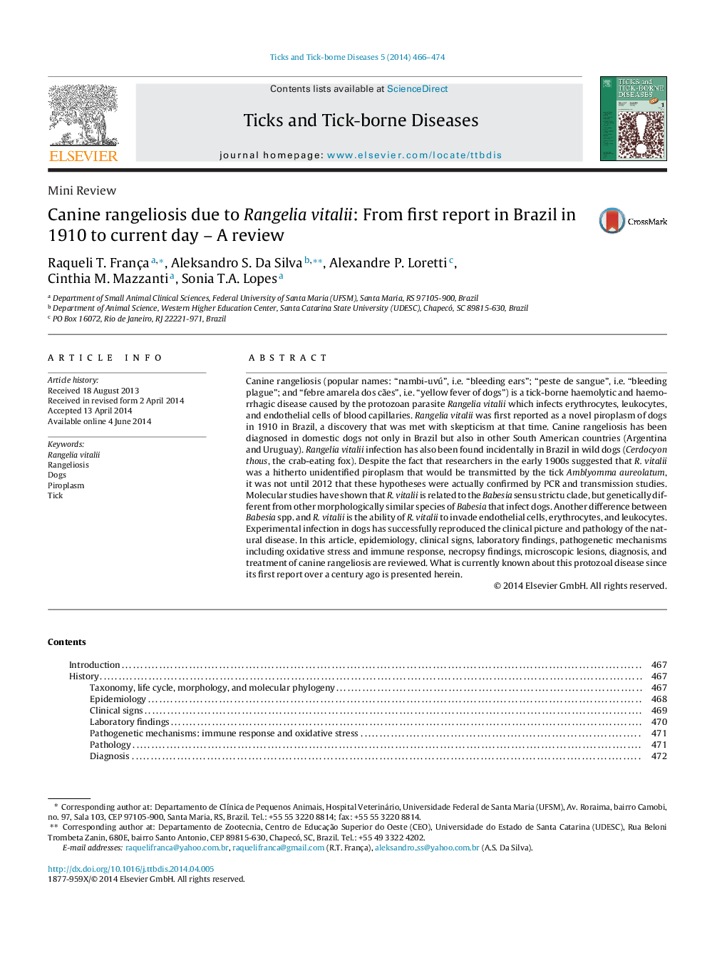 Canine rangeliosis due to Rangelia vitalii: From first report in Brazil in 1910 to current day – A review