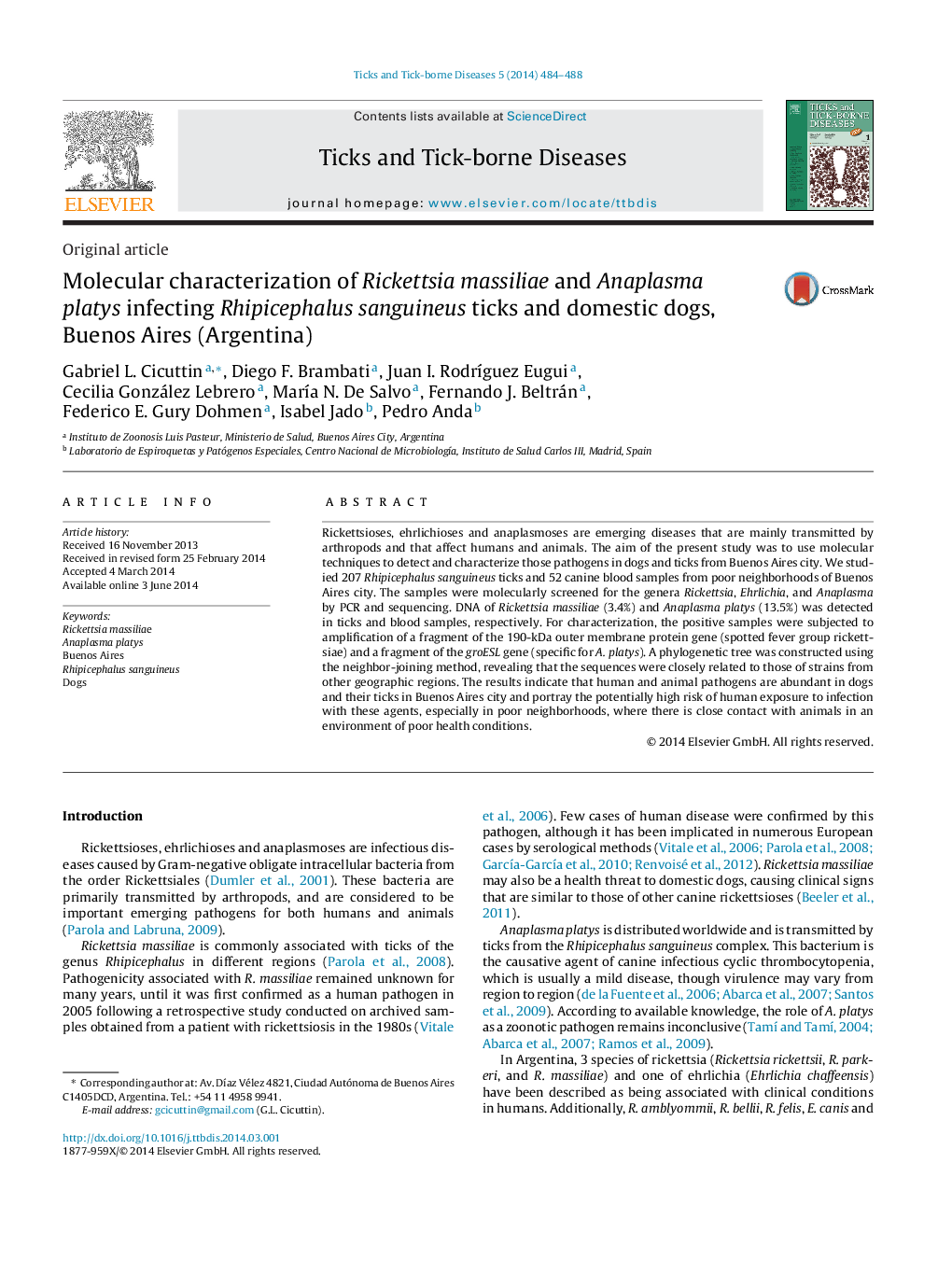 Molecular characterization of Rickettsia massiliae and Anaplasma platys infecting Rhipicephalus sanguineus ticks and domestic dogs, Buenos Aires (Argentina)