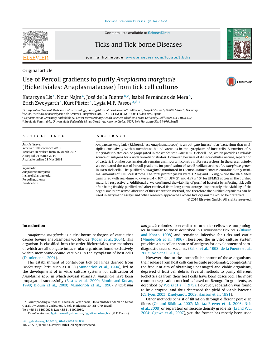 Use of Percoll gradients to purify Anaplasma marginale (Rickettsiales: Anaplasmataceae) from tick cell cultures