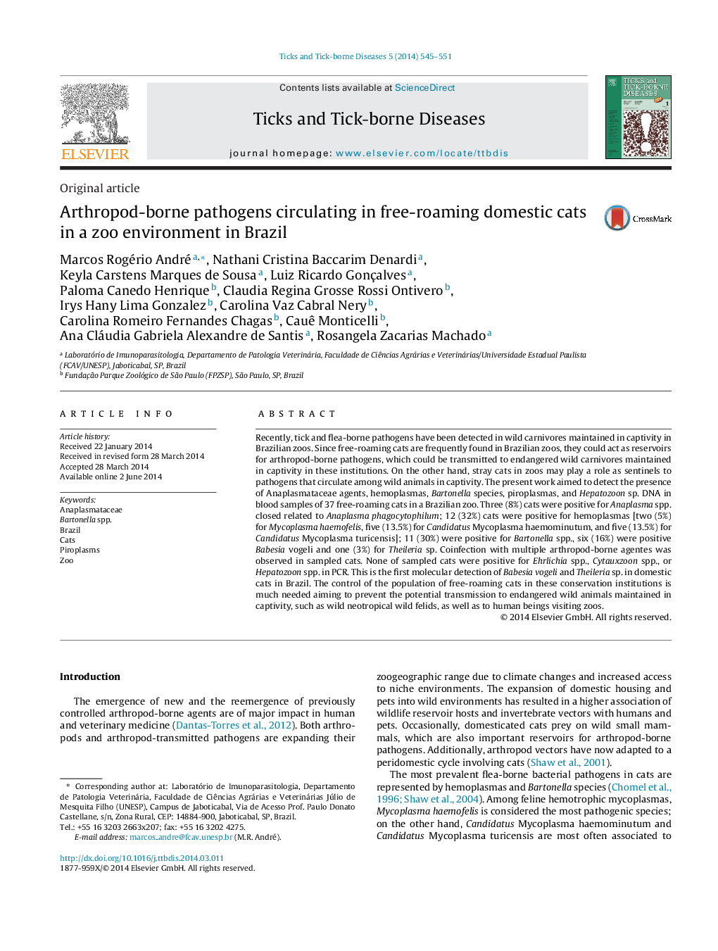 Arthropod-borne pathogens circulating in free-roaming domestic cats in a zoo environment in Brazil