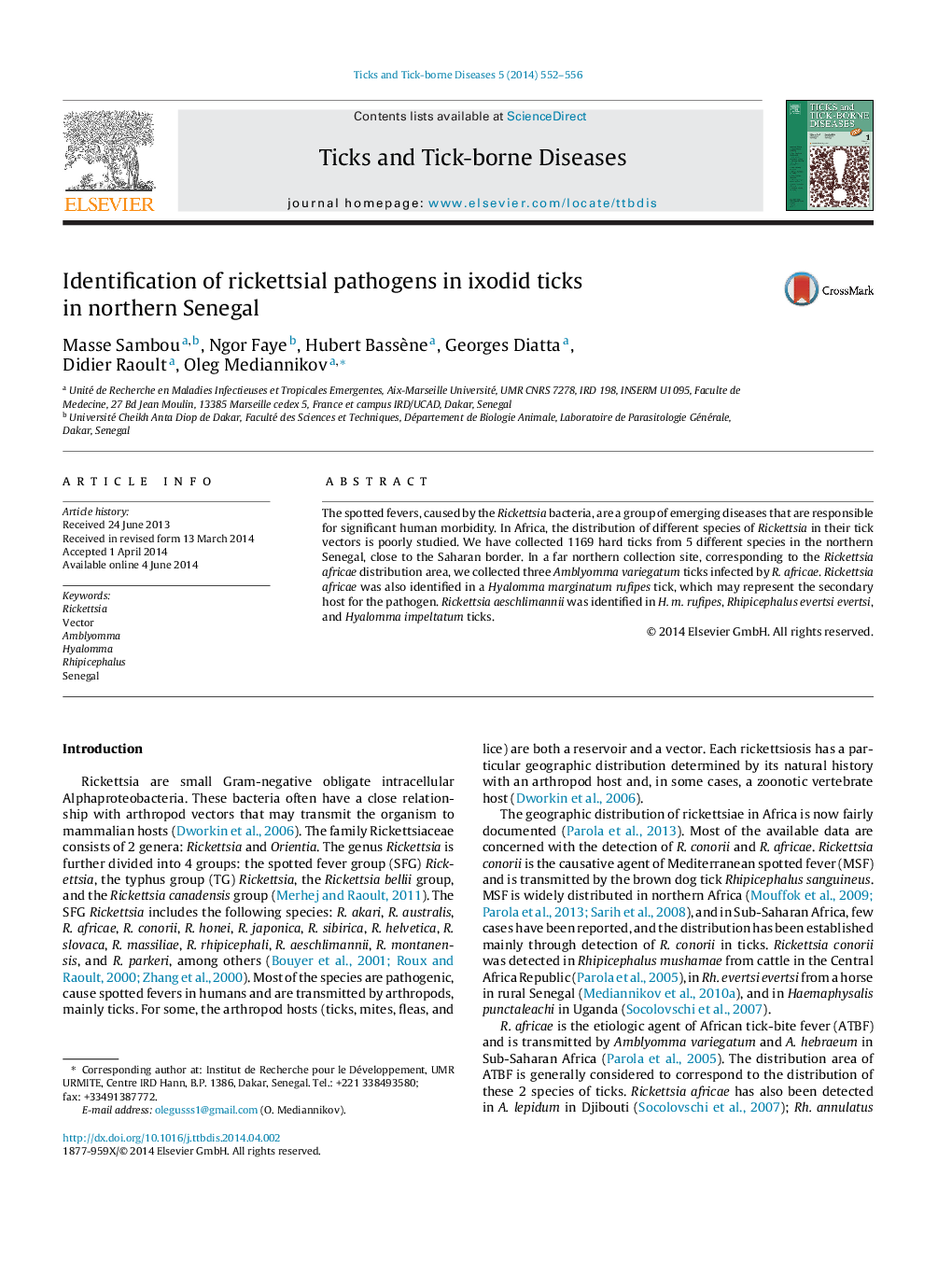 Identification of rickettsial pathogens in ixodid ticks in northern Senegal