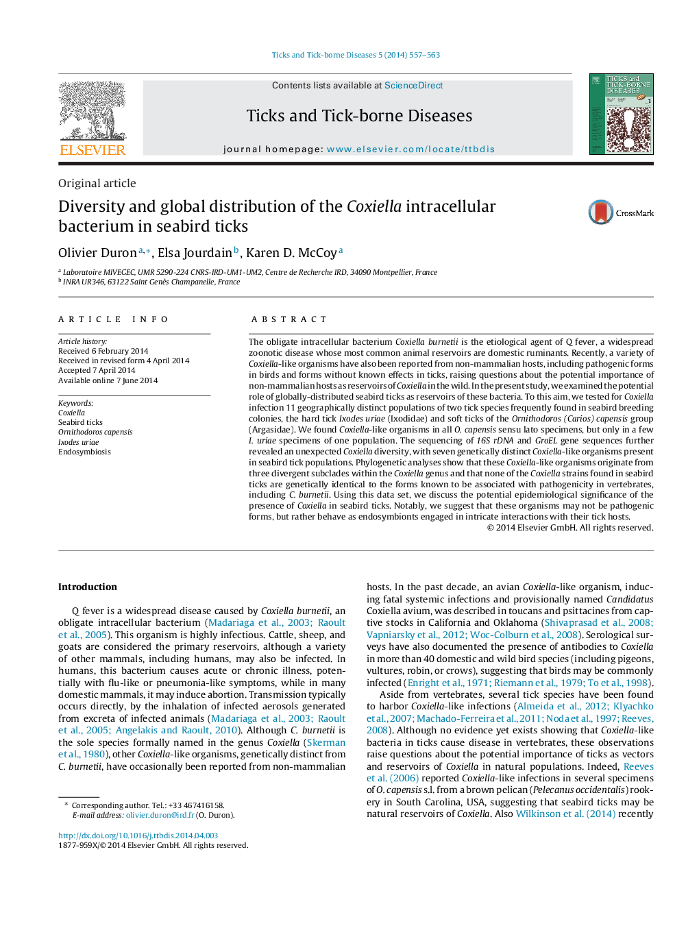 Diversity and global distribution of the Coxiella intracellular bacterium in seabird ticks