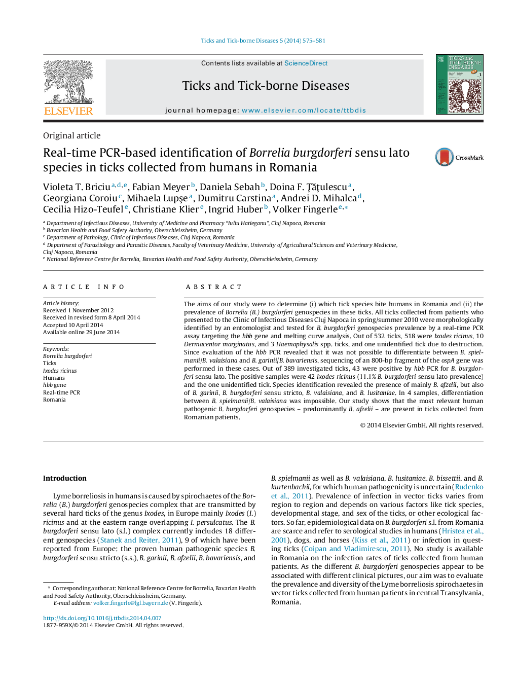 Real-time PCR-based identification of Borrelia burgdorferi sensu lato species in ticks collected from humans in Romania