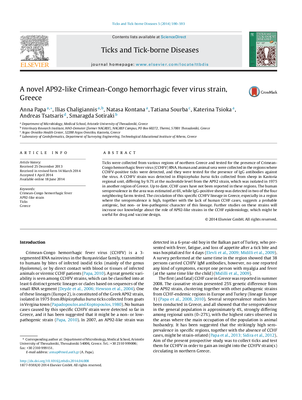 A novel AP92-like Crimean-Congo hemorrhagic fever virus strain, Greece