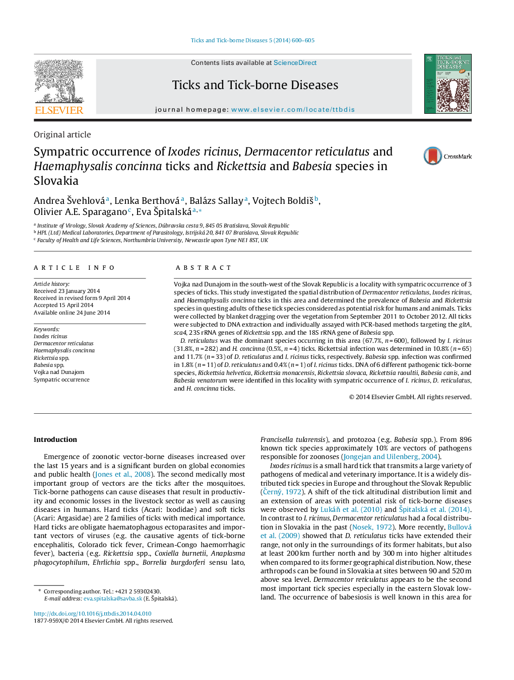 Sympatric occurrence of Ixodes ricinus, Dermacentor reticulatus and Haemaphysalis concinna ticks and Rickettsia and Babesia species in Slovakia