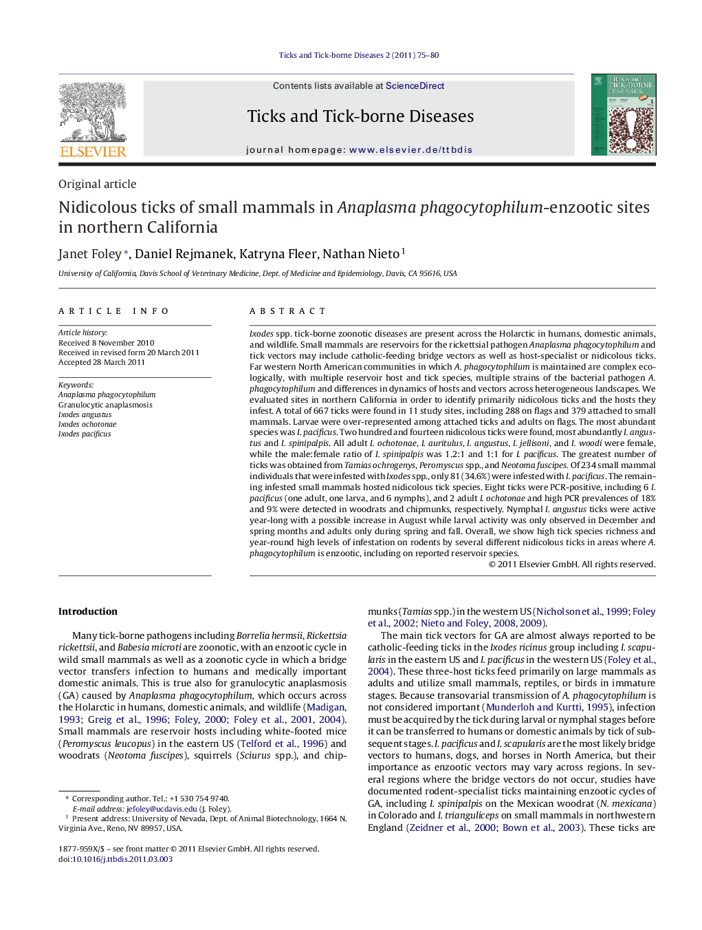 Nidicolous ticks of small mammals in Anaplasma phagocytophilum-enzootic sites in northern California