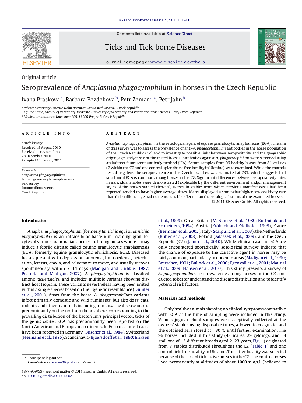 Seroprevalence of Anaplasma phagocytophilum in horses in the Czech Republic