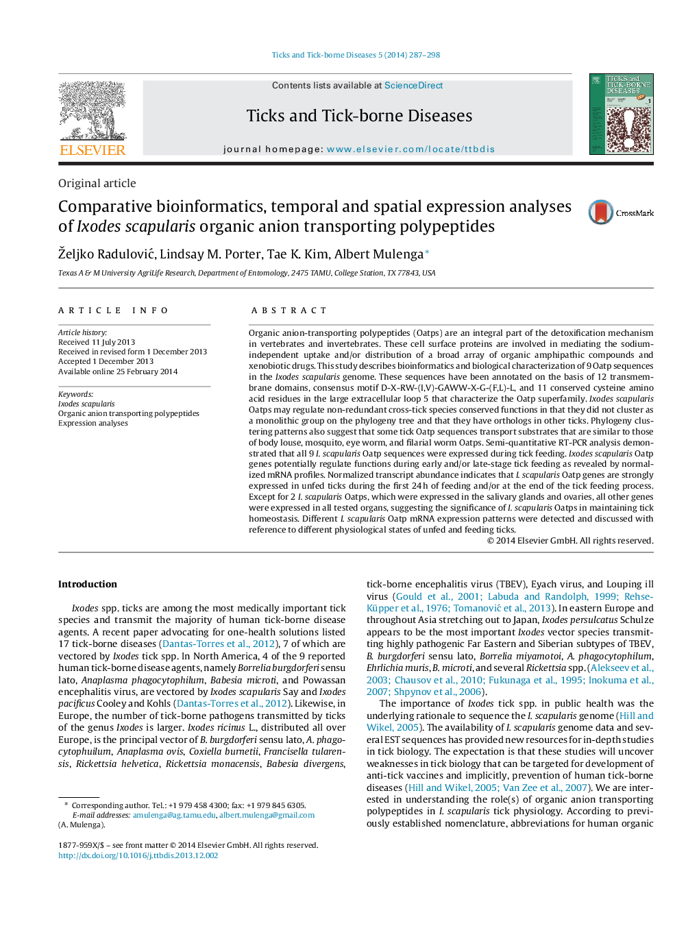 Comparative bioinformatics, temporal and spatial expression analyses of Ixodes scapularis organic anion transporting polypeptides