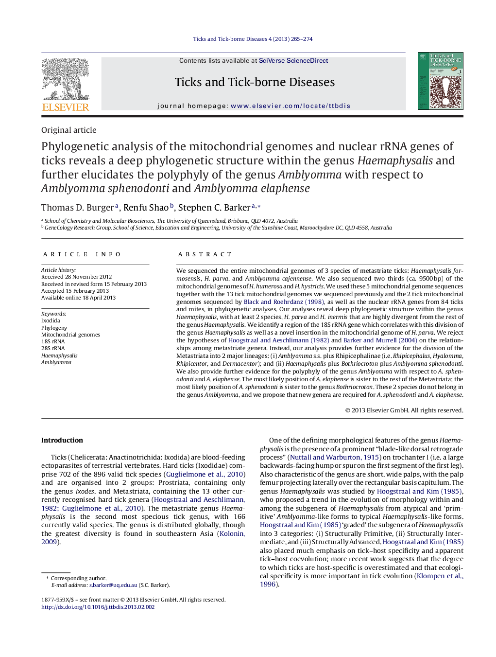 Phylogenetic analysis of the mitochondrial genomes and nuclear rRNA genes of ticks reveals a deep phylogenetic structure within the genus Haemaphysalis and further elucidates the polyphyly of the genus Amblyomma with respect to Amblyomma sphenodonti and A