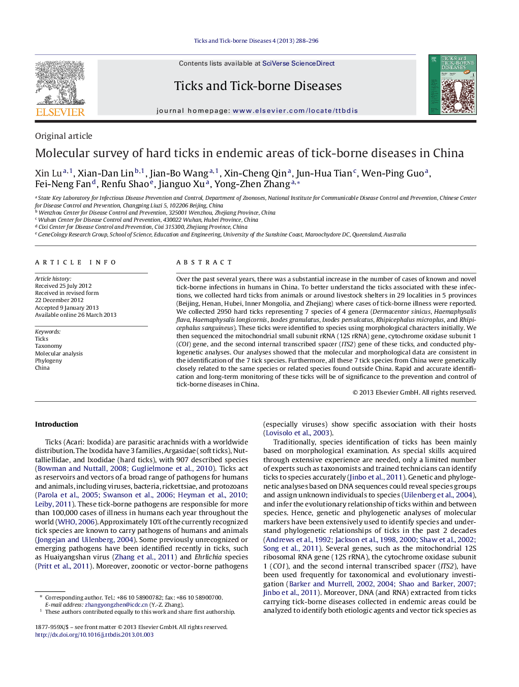 Molecular survey of hard ticks in endemic areas of tick-borne diseases in China