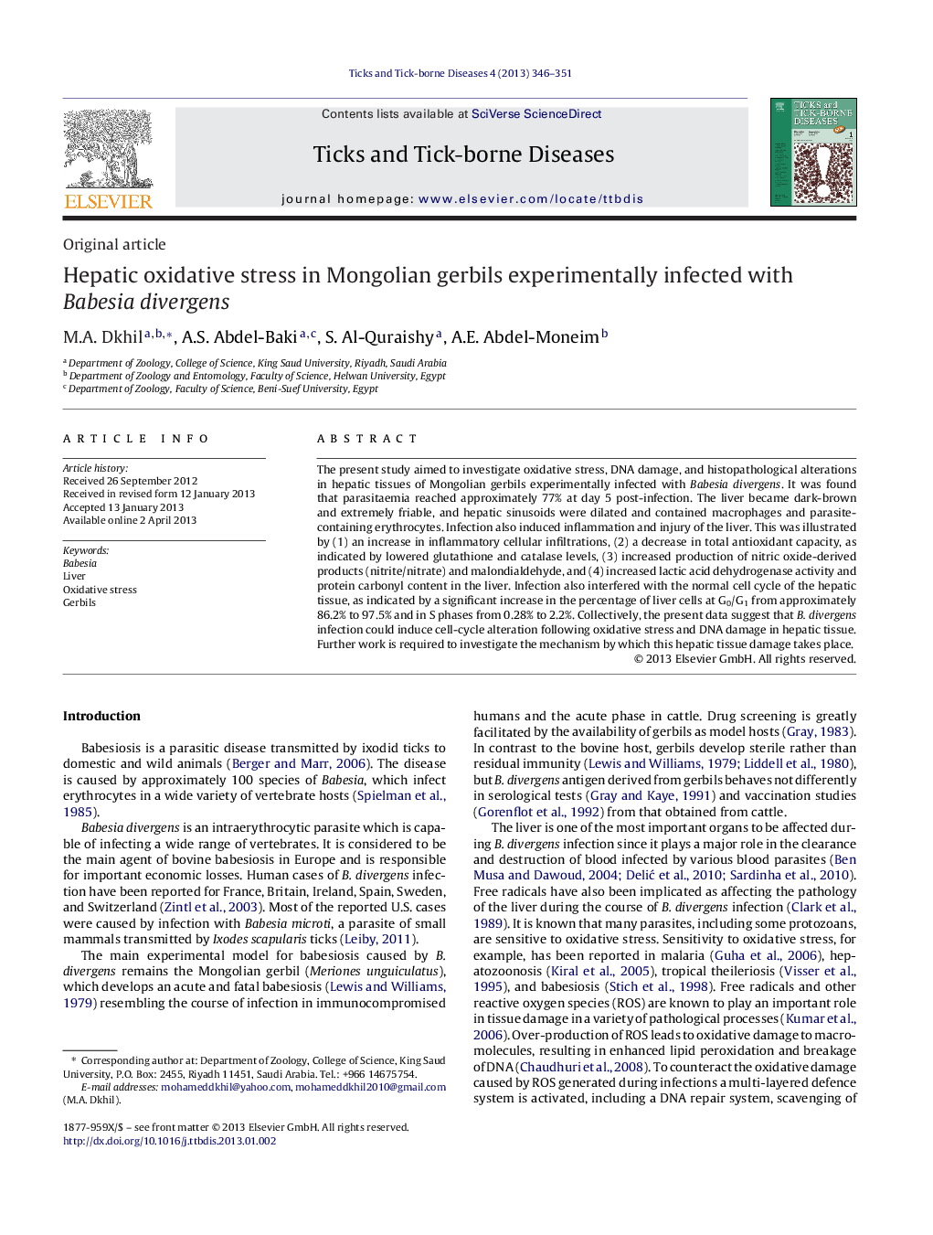 Hepatic oxidative stress in Mongolian gerbils experimentally infected with Babesia divergens