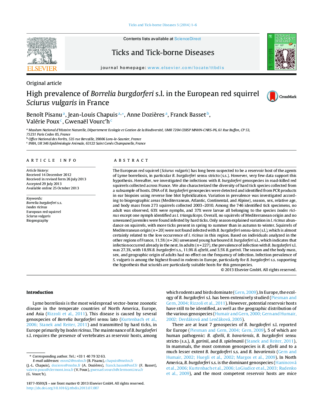 High prevalence of Borrelia burgdorferi s.l. in the European red squirrel Sciurus vulgaris in France