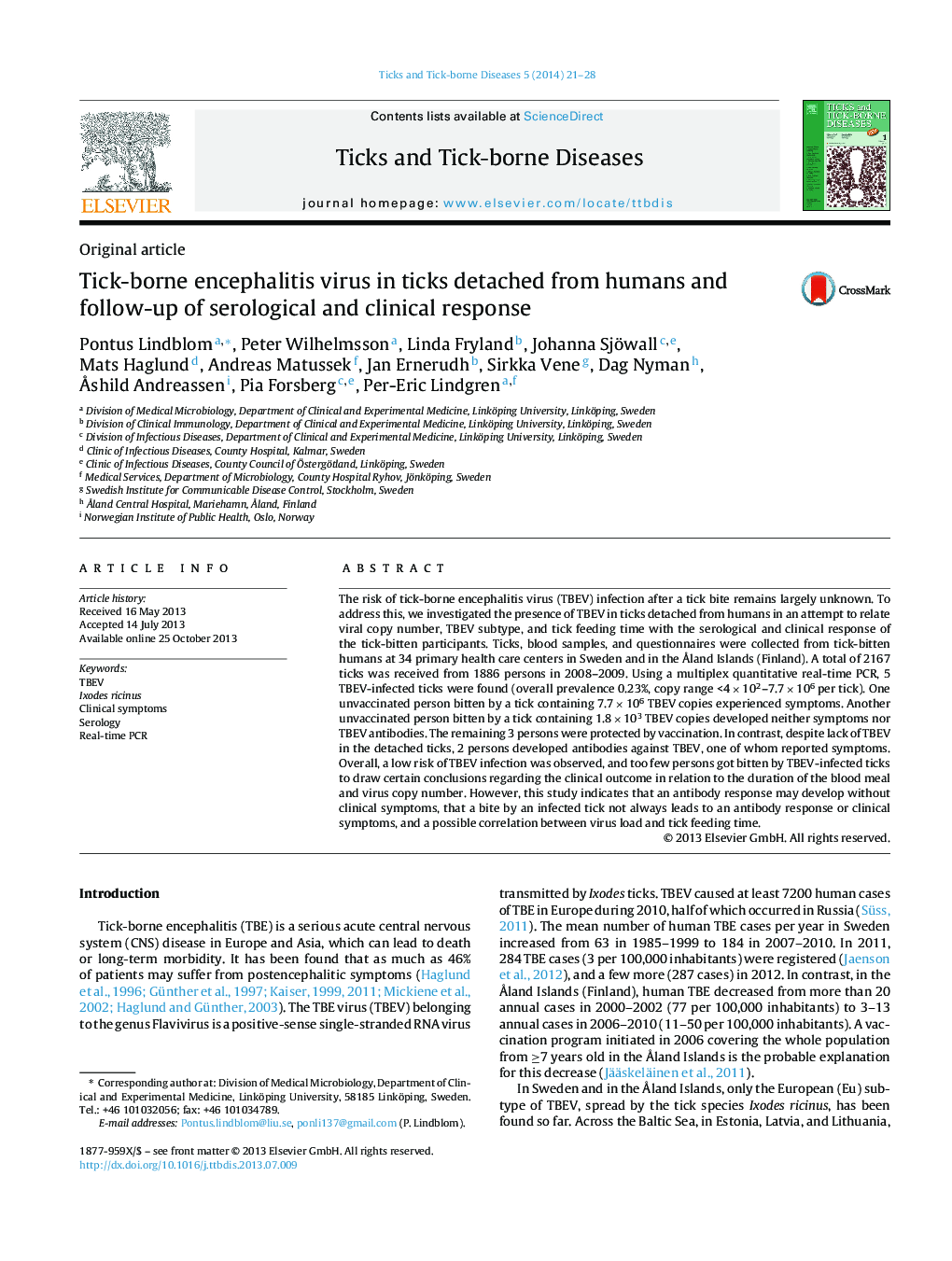 Tick-borne encephalitis virus in ticks detached from humans and follow-up of serological and clinical response