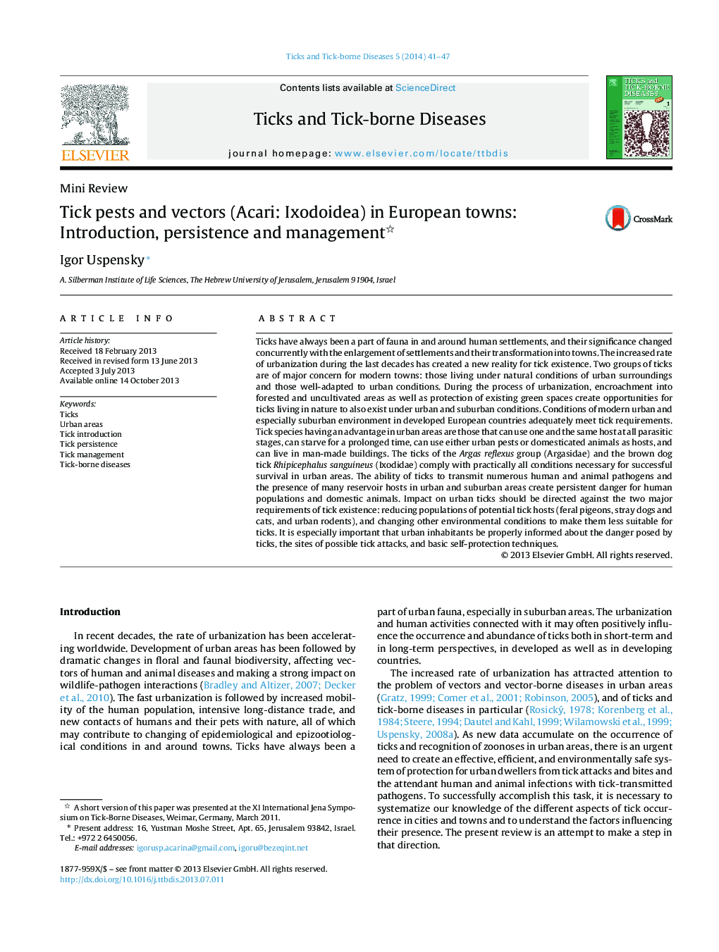 Tick pests and vectors (Acari: Ixodoidea) in European towns: Introduction, persistence and management 