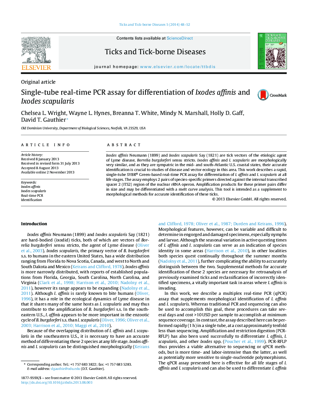 Single-tube real-time PCR assay for differentiation of Ixodes affinis and Ixodes scapularis