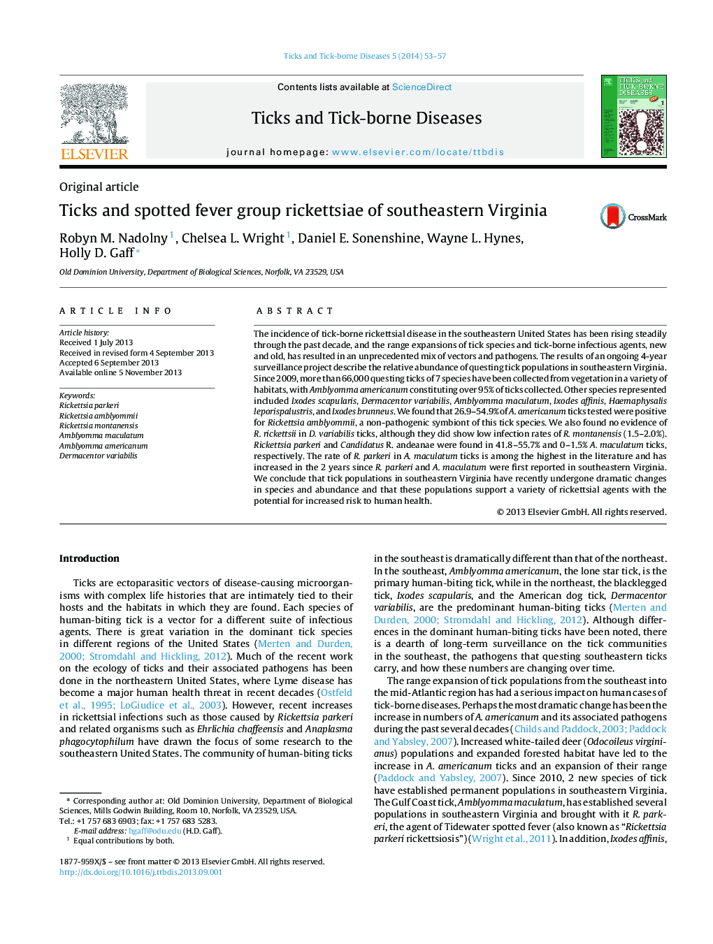 Ticks and spotted fever group rickettsiae of southeastern Virginia