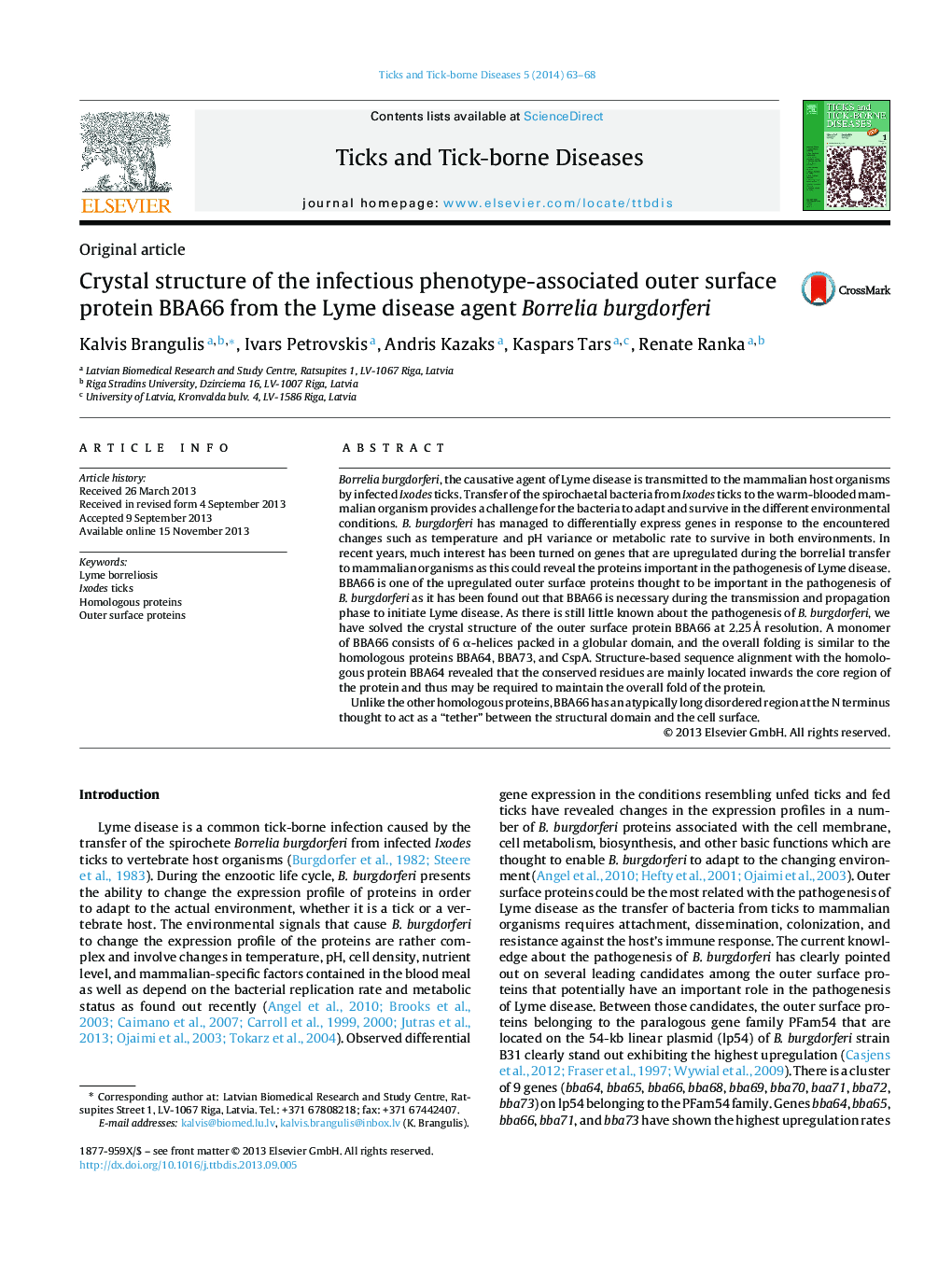 Crystal structure of the infectious phenotype-associated outer surface protein BBA66 from the Lyme disease agent Borrelia burgdorferi