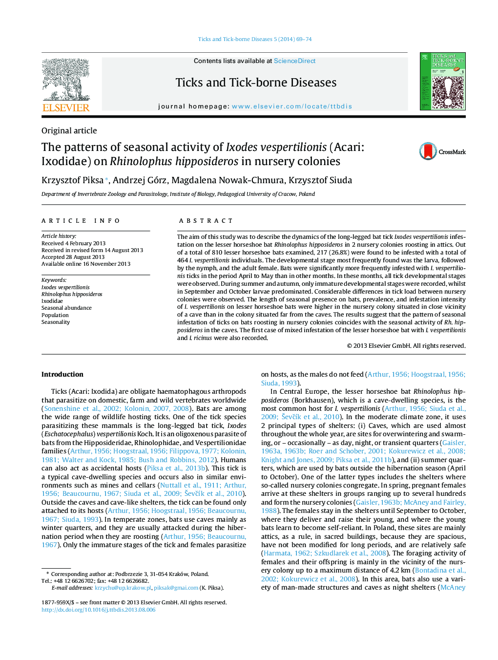 The patterns of seasonal activity of Ixodes vespertilionis (Acari: Ixodidae) on Rhinolophus hipposideros in nursery colonies