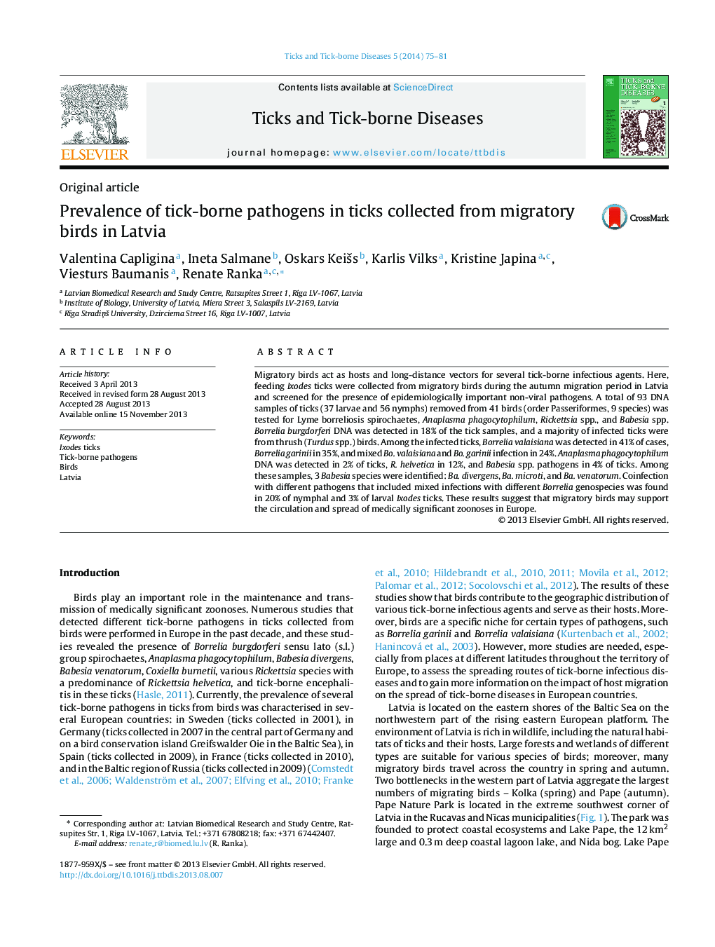 Prevalence of tick-borne pathogens in ticks collected from migratory birds in Latvia