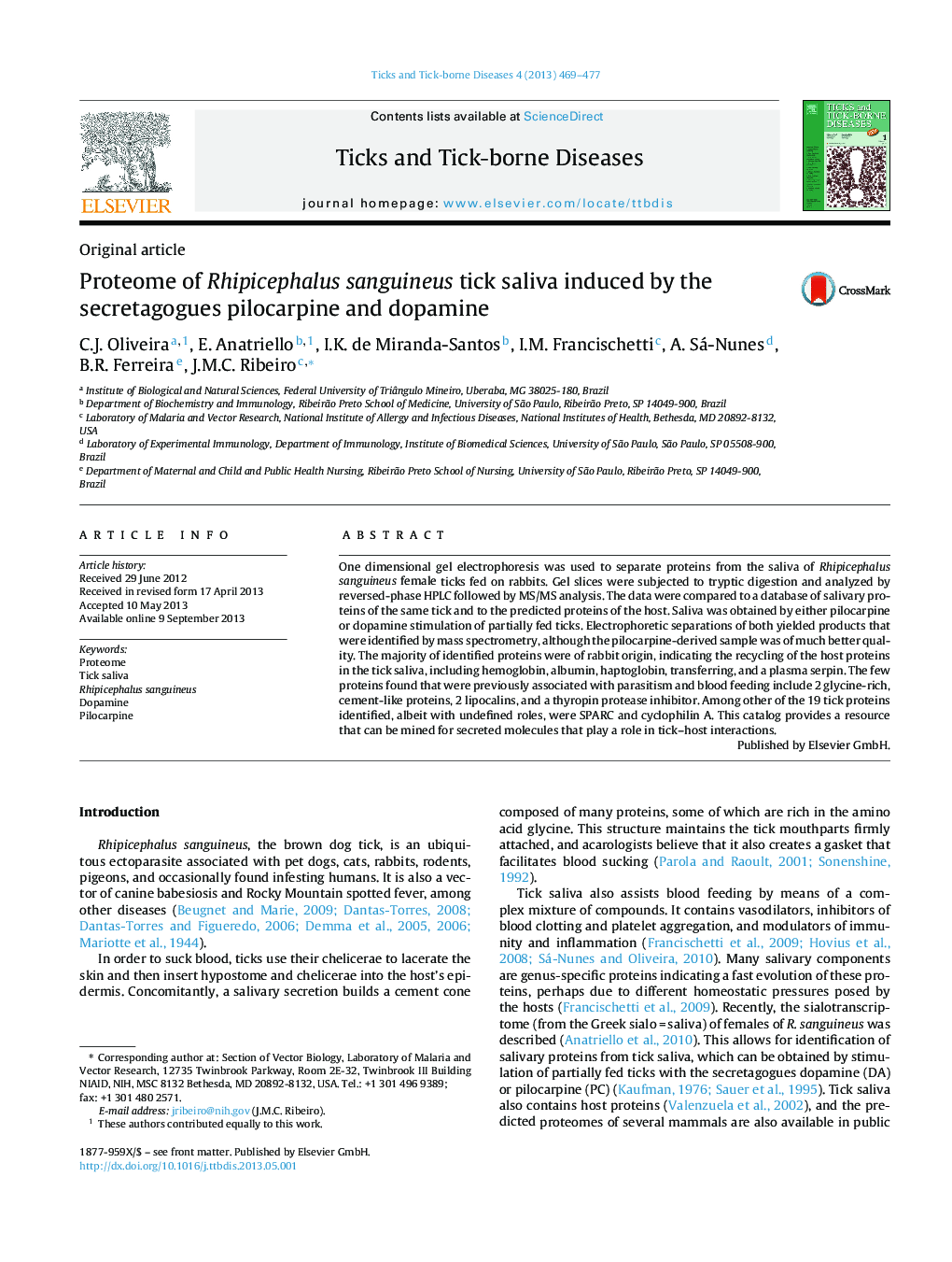 Proteome of Rhipicephalus sanguineus tick saliva induced by the secretagogues pilocarpine and dopamine