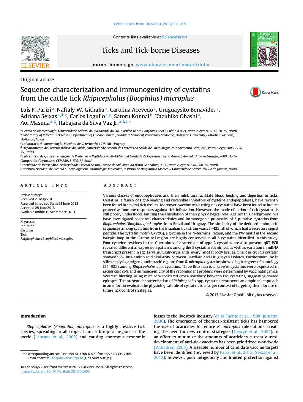 Sequence characterization and immunogenicity of cystatins from the cattle tick Rhipicephalus (Boophilus) microplus