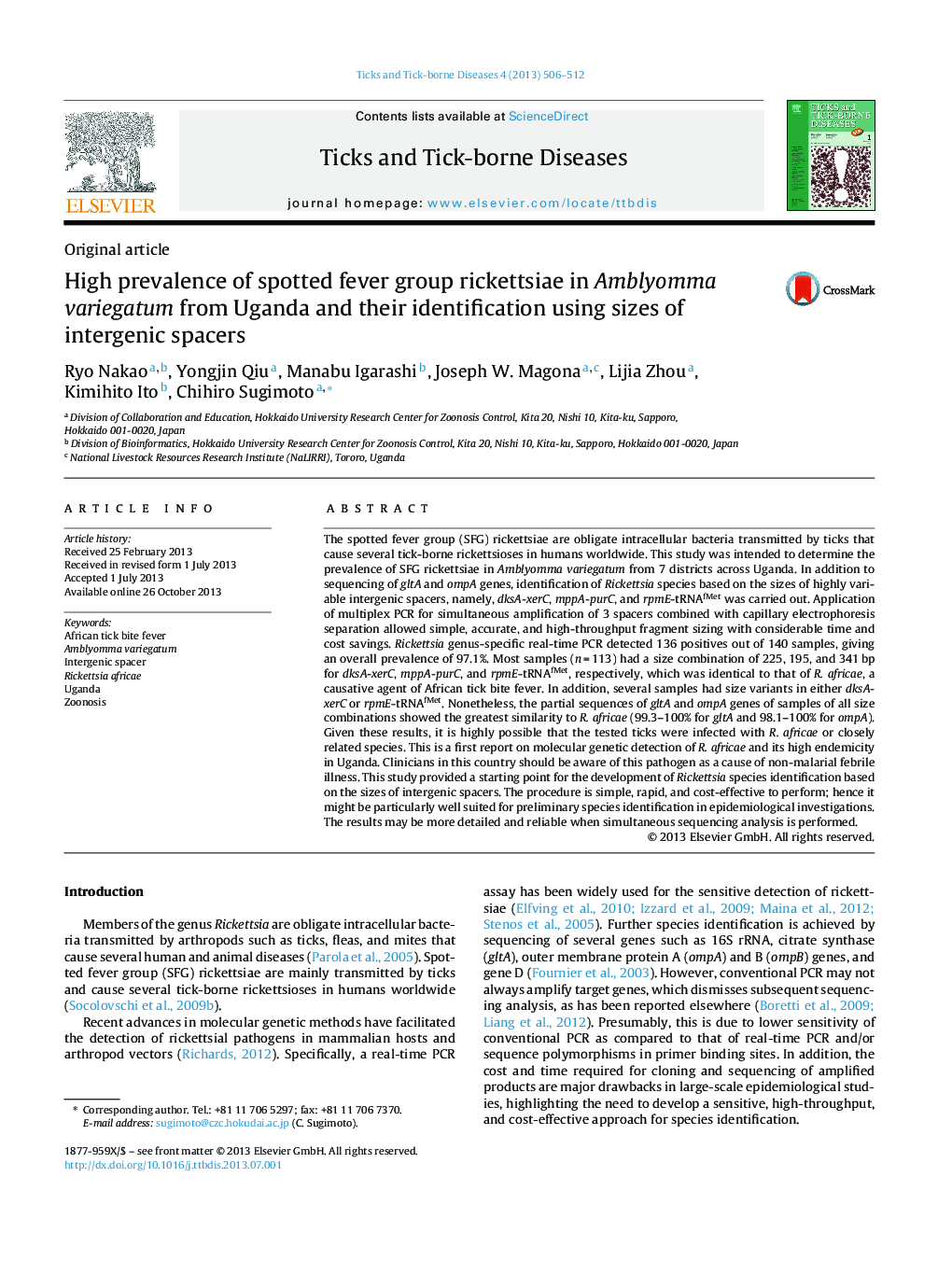 High prevalence of spotted fever group rickettsiae in Amblyomma variegatum from Uganda and their identification using sizes of intergenic spacers