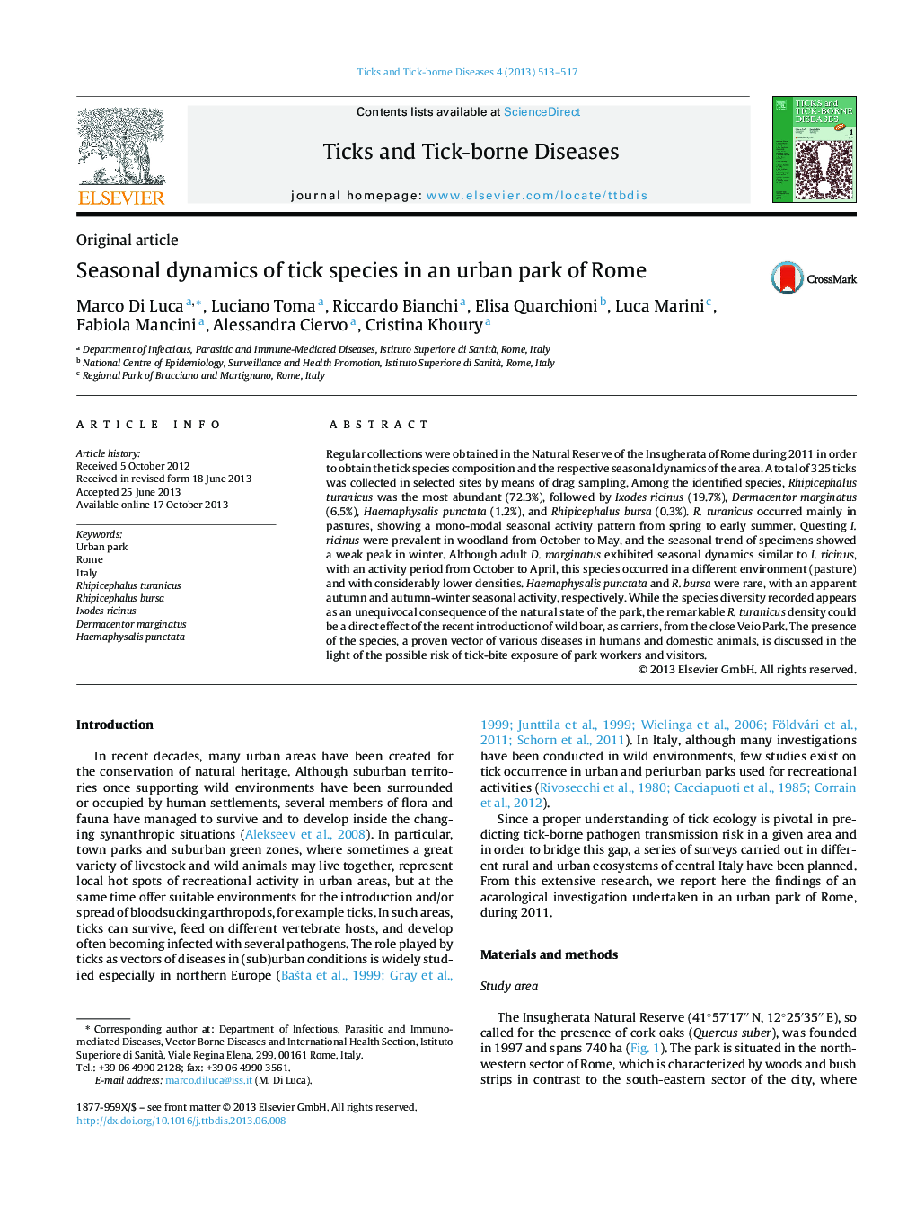 Seasonal dynamics of tick species in an urban park of Rome