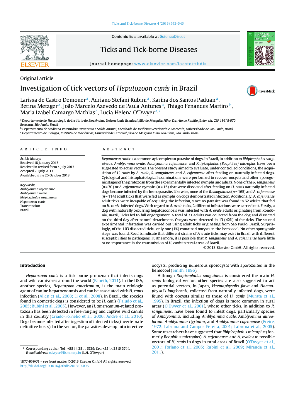 Investigation of tick vectors of Hepatozoon canis in Brazil