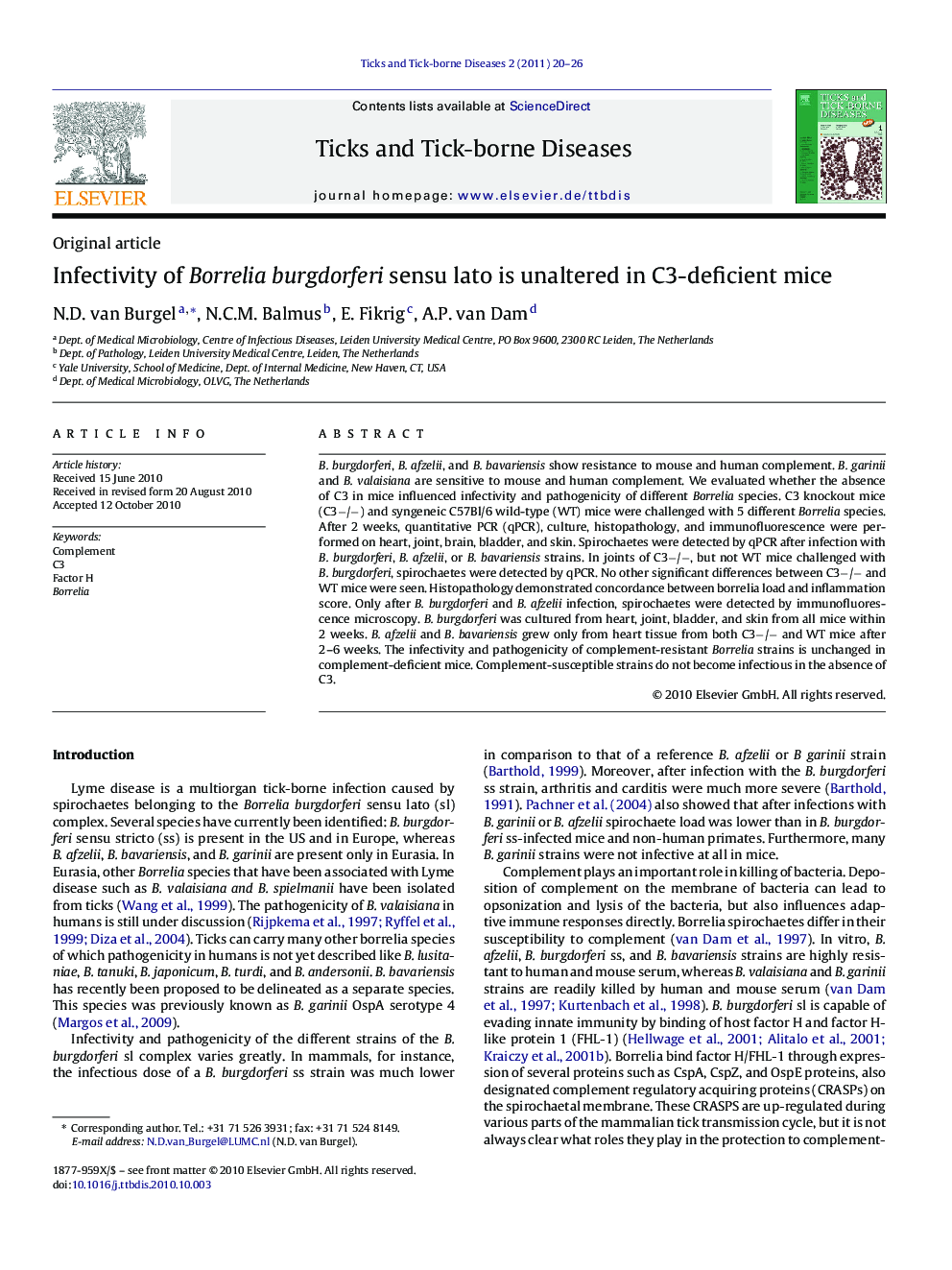 عکس صفحه اول مقاله: Infectivity of Borrelia burgdorferi sensu lato is unaltered in C3-deficient mice Infectivity of Borrelia burgdorferi sensu lato is unaltered in C3-deficient mice