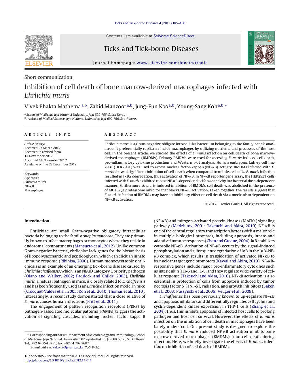 Inhibition of cell death of bone marrow-derived macrophages infected with Ehrlichia muris