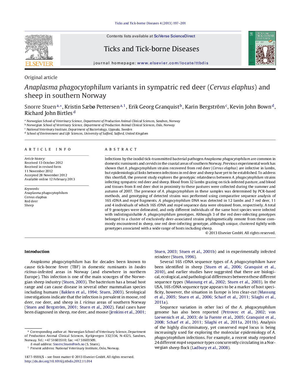 Anaplasma phagocytophilum variants in sympatric red deer (Cervus elaphus) and sheep in southern Norway