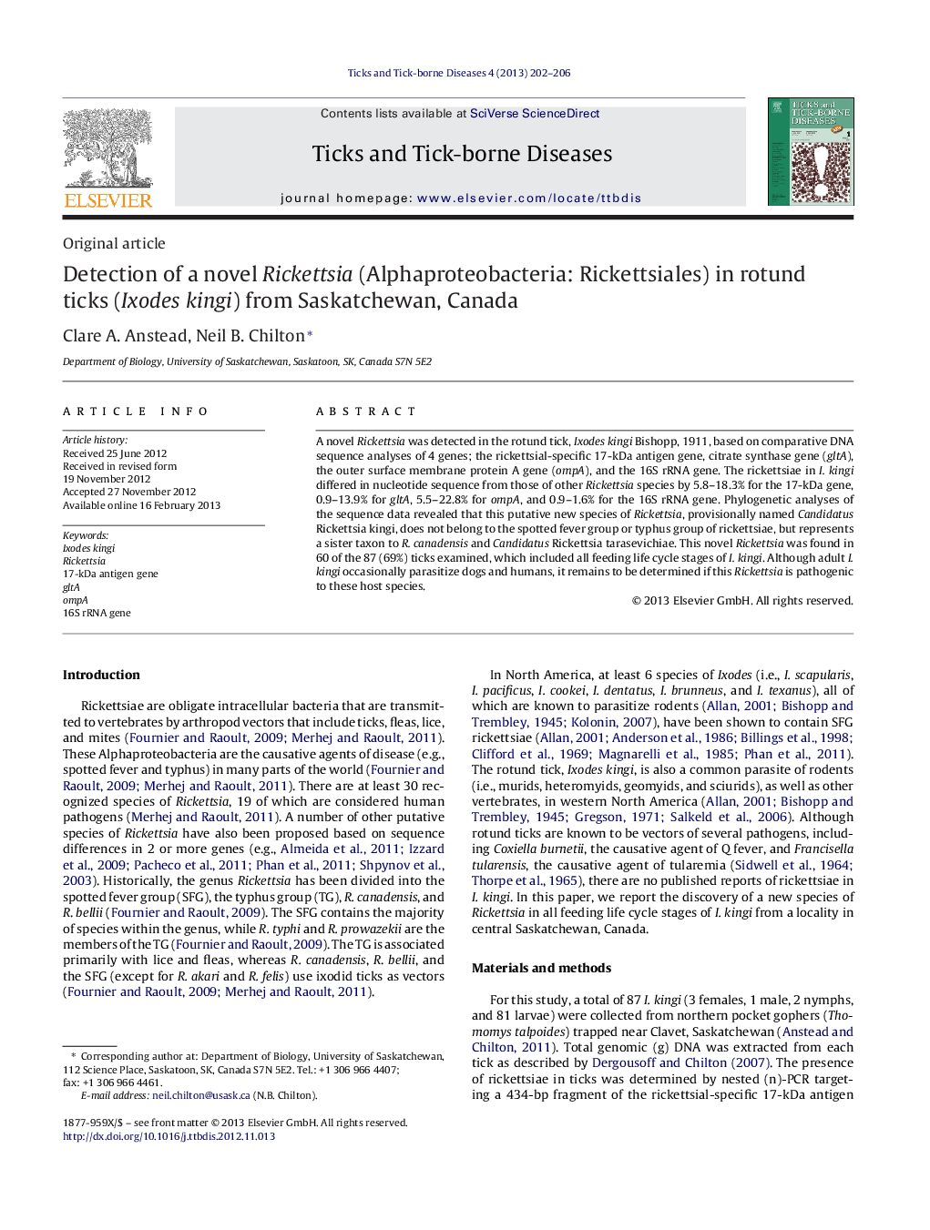 Detection of a novel Rickettsia (Alphaproteobacteria: Rickettsiales) in rotund ticks (Ixodes kingi) from Saskatchewan, Canada