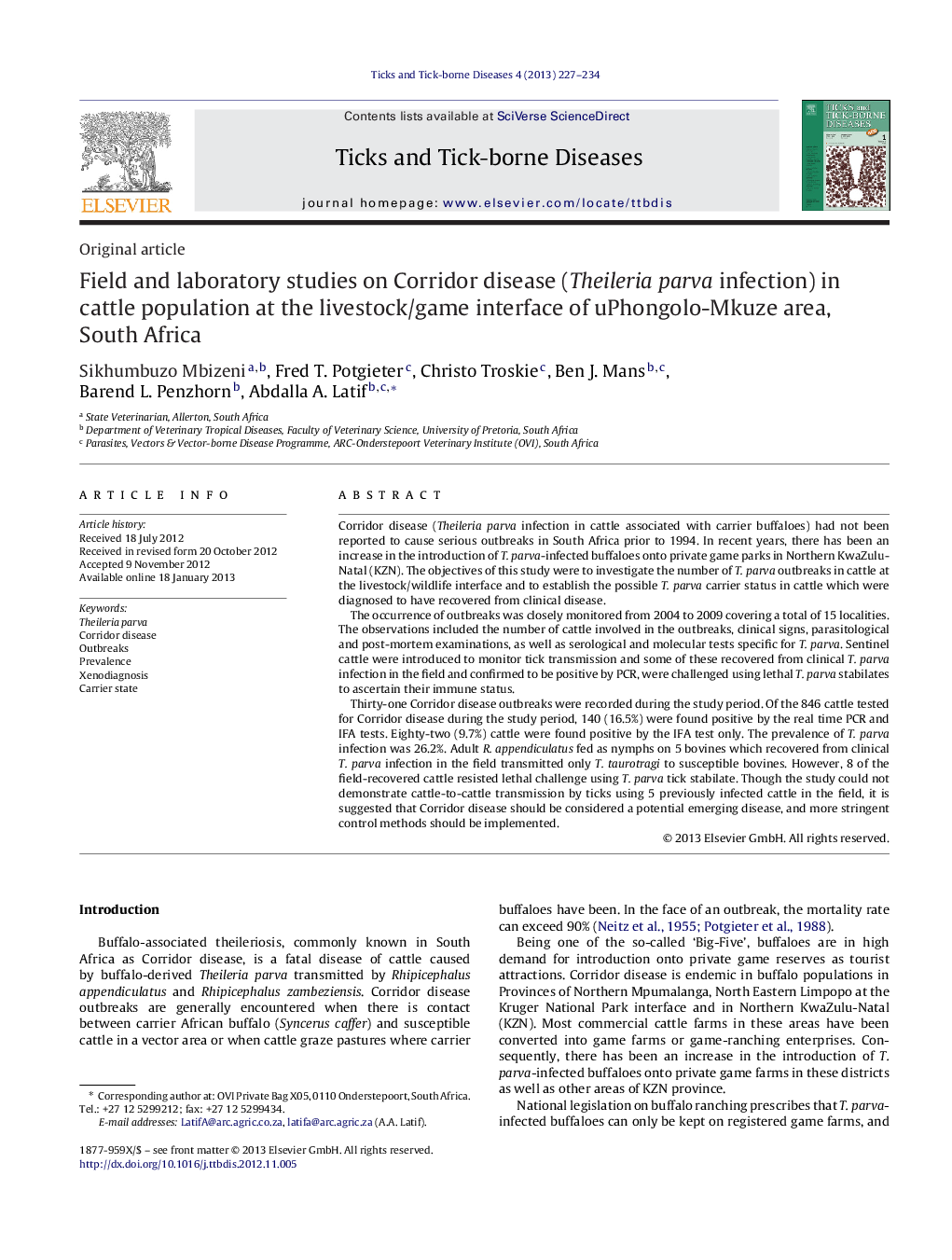 Field and laboratory studies on Corridor disease (Theileria parva infection) in cattle population at the livestock/game interface of uPhongolo-Mkuze area, South Africa