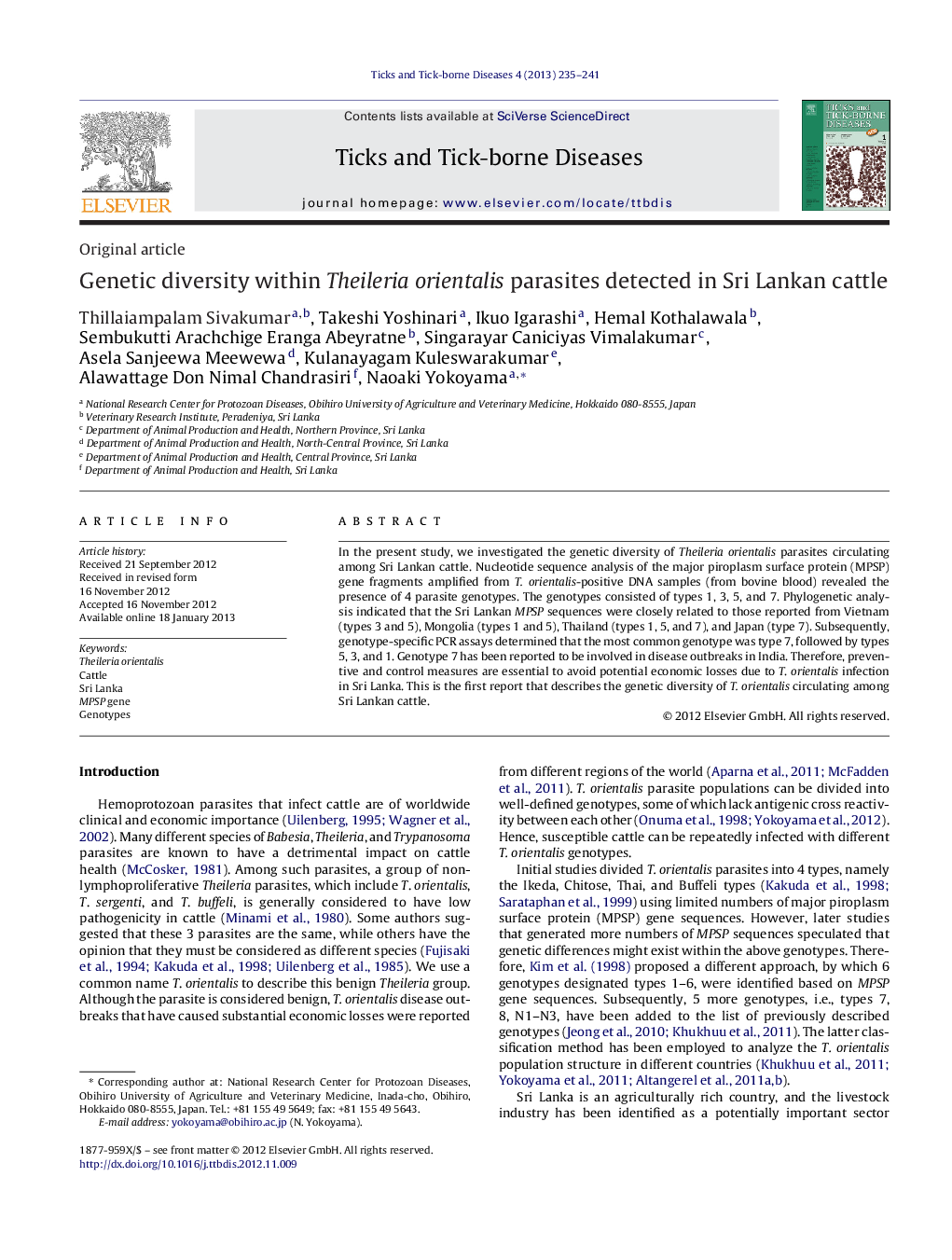 Genetic diversity within Theileria orientalis parasites detected in Sri Lankan cattle