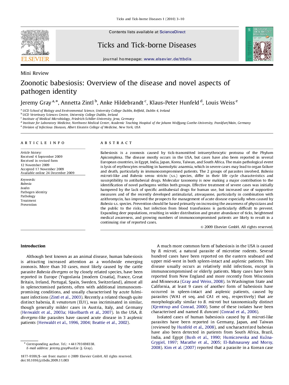 Zoonotic babesiosis: Overview of the disease and novel aspects of pathogen identity