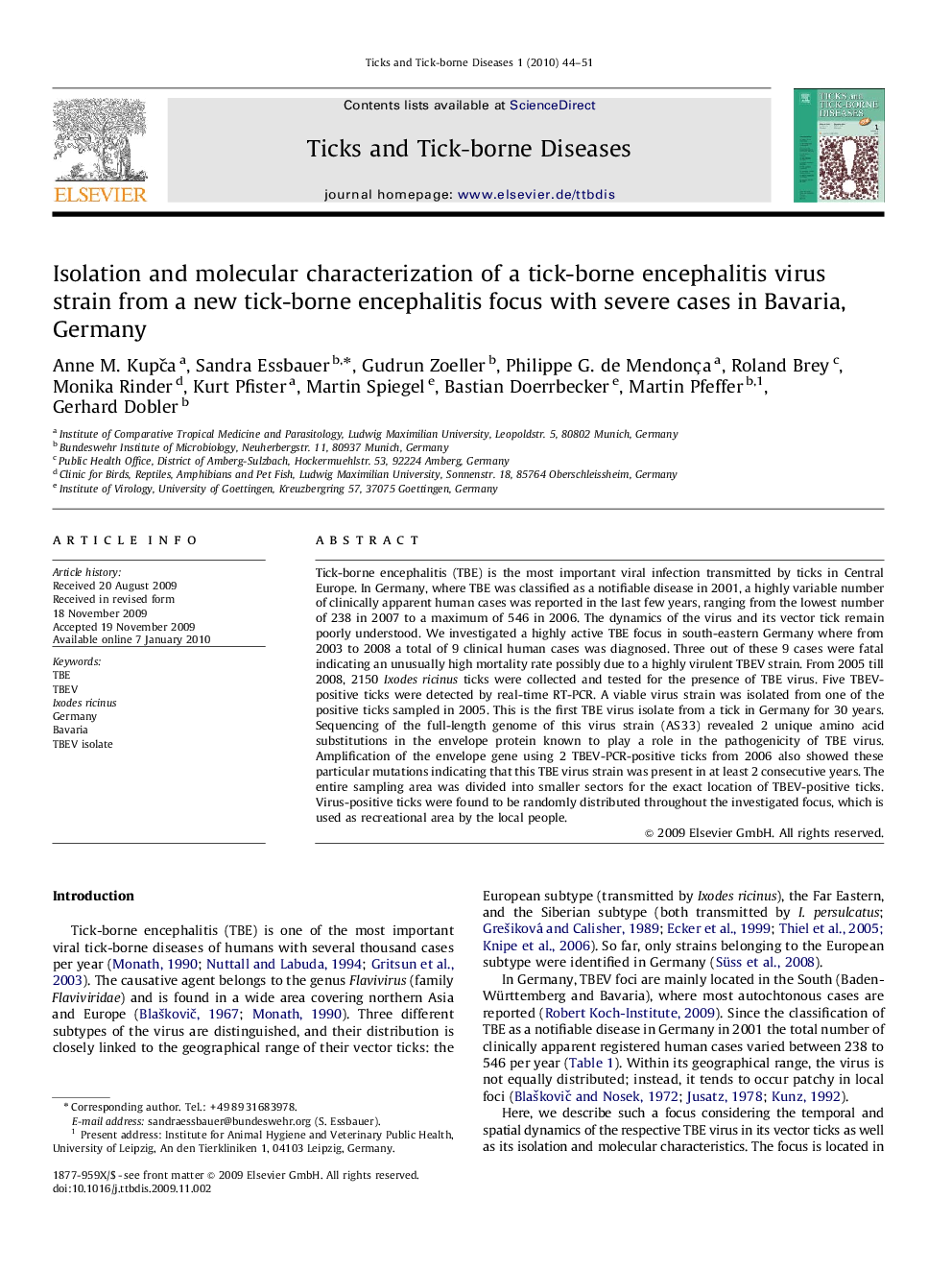 Isolation and molecular characterization of a tick-borne encephalitis virus strain from a new tick-borne encephalitis focus with severe cases in Bavaria, Germany