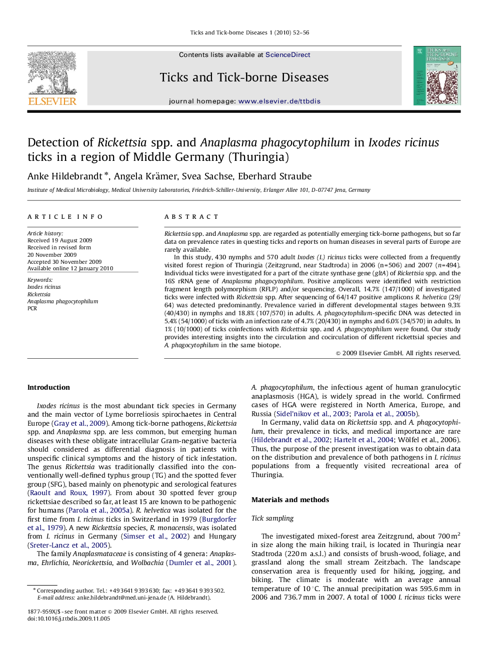 Detection of Rickettsia spp. and Anaplasma phagocytophilum in Ixodes ricinus ticks in a region of Middle Germany (Thuringia)