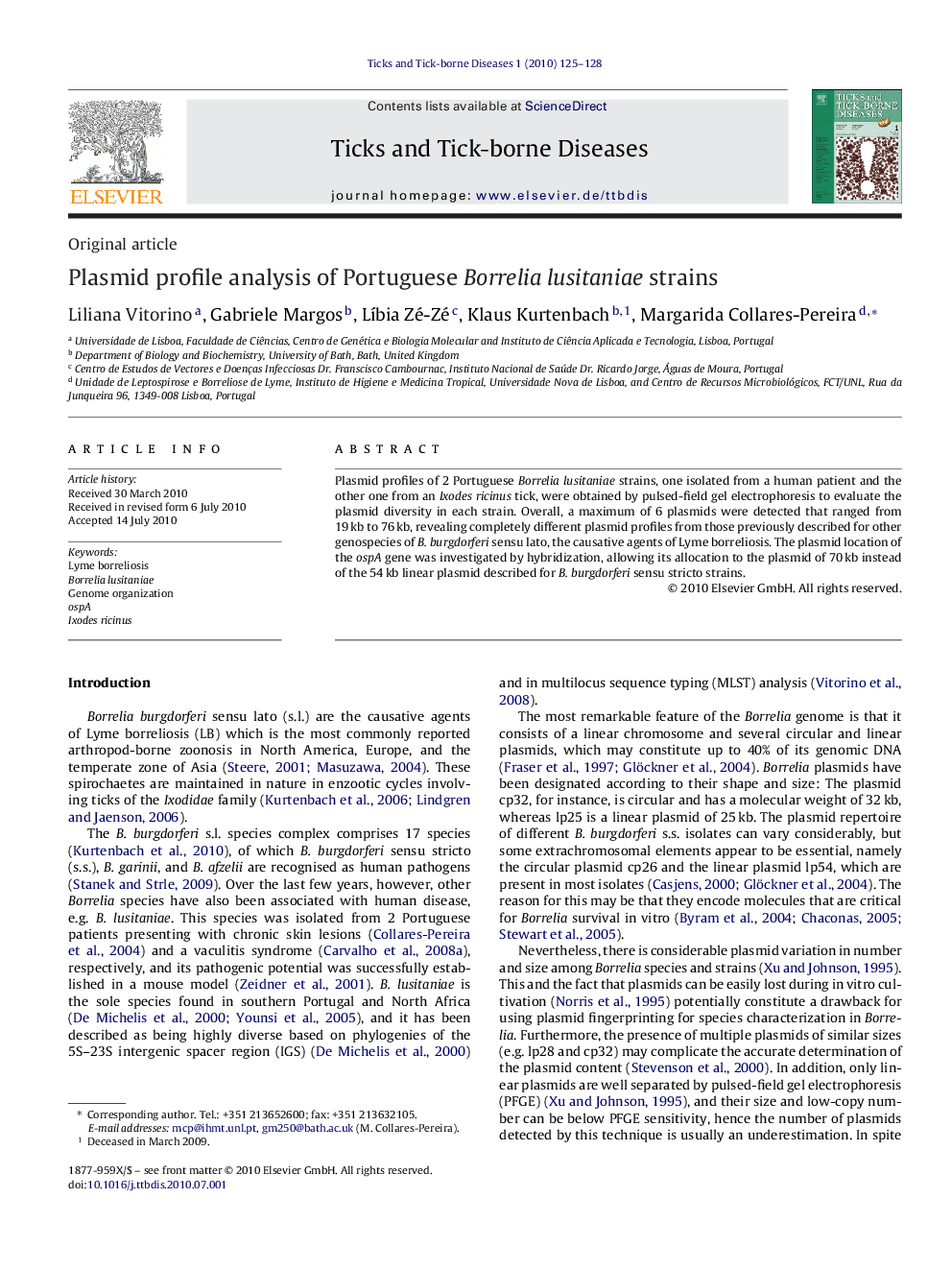 Plasmid profile analysis of Portuguese Borrelia lusitaniae strains