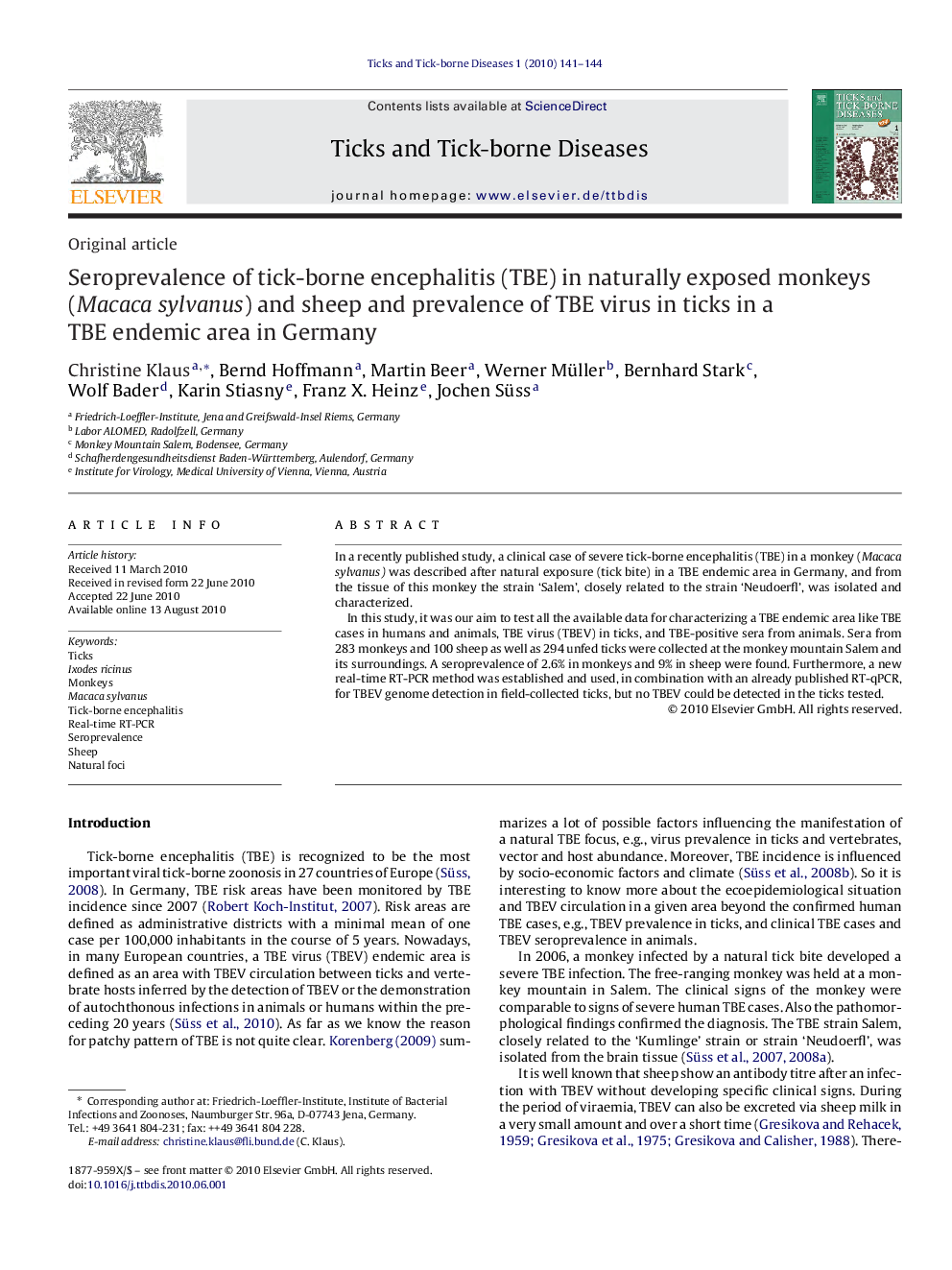 Seroprevalence of tick-borne encephalitis (TBE) in naturally exposed monkeys (Macaca sylvanus) and sheep and prevalence of TBE virus in ticks in a TBE endemic area in Germany