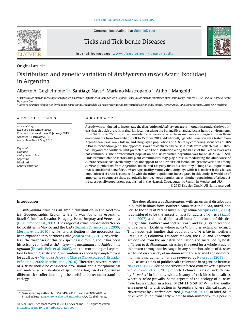 Distribution and genetic variation of Amblyomma triste (Acari: Ixodidae) in Argentina