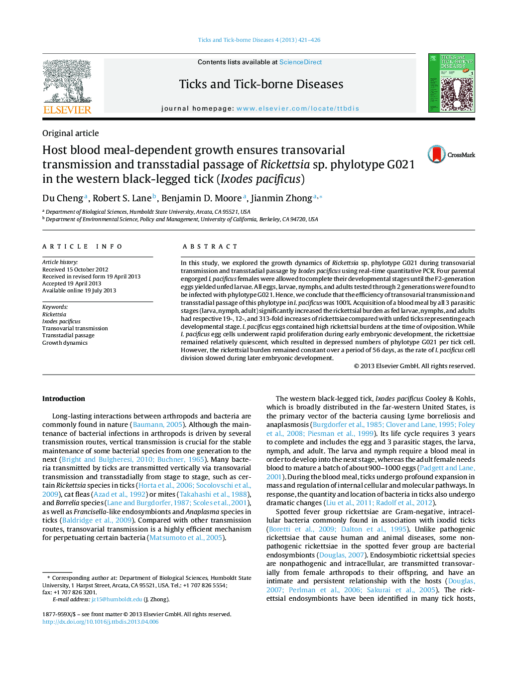 Host blood meal-dependent growth ensures transovarial transmission and transstadial passage of Rickettsia sp. phylotype G021 in the western black-legged tick (Ixodes pacificus)