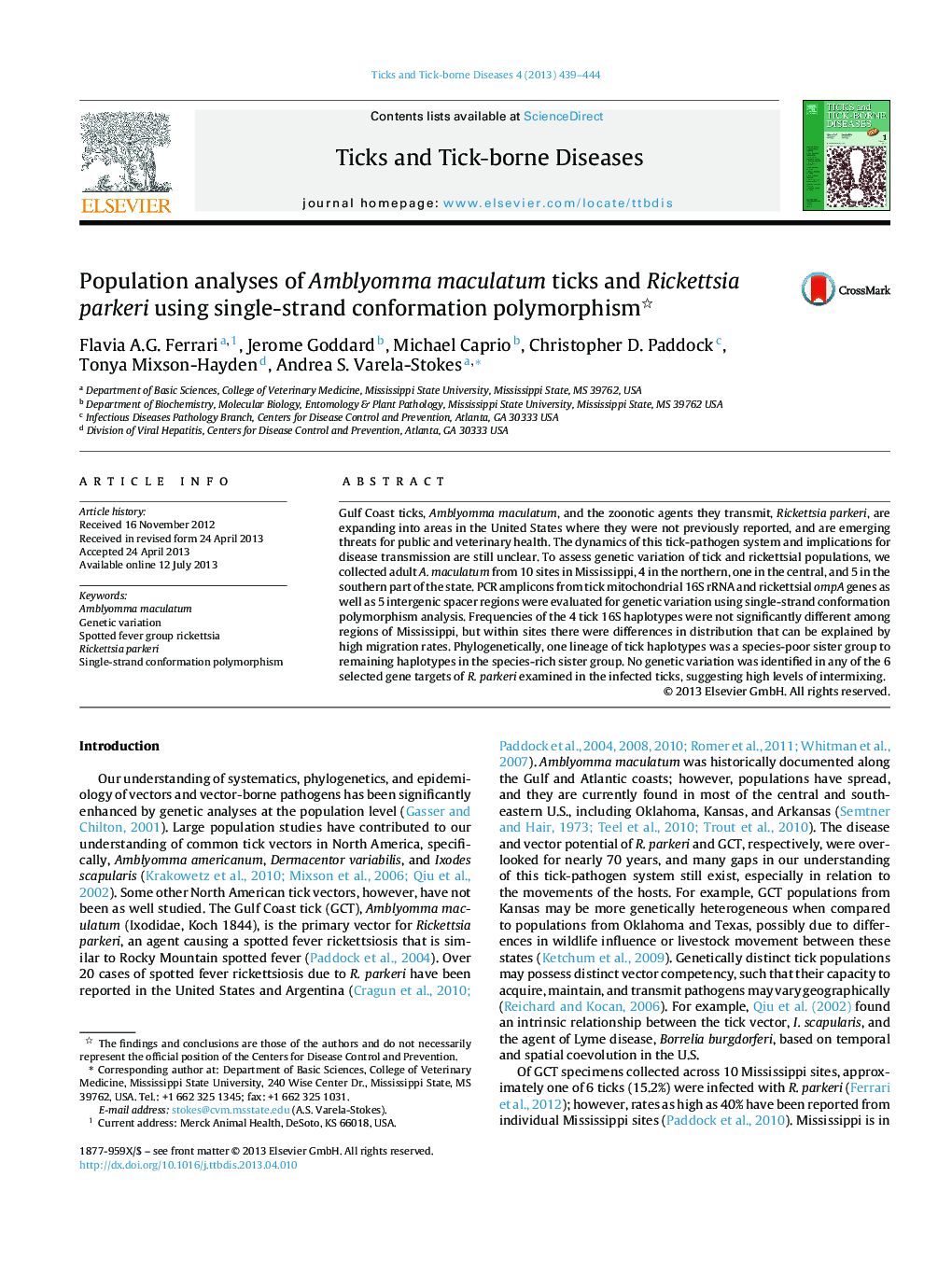 Population analyses of Amblyomma maculatum ticks and Rickettsia parkeri using single-strand conformation polymorphism 