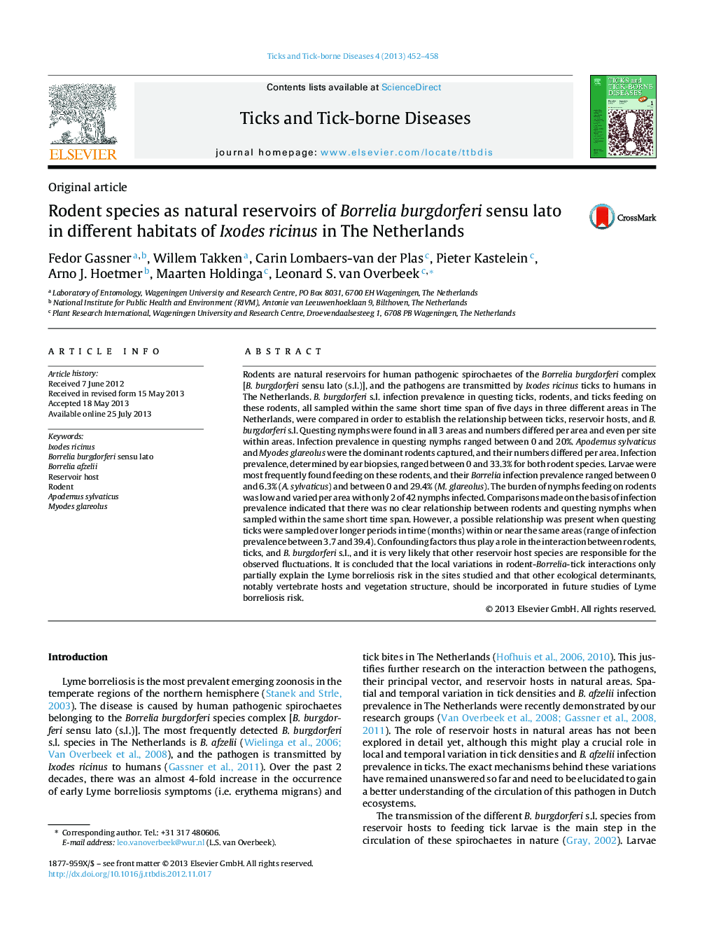 Rodent species as natural reservoirs of Borrelia burgdorferi sensu lato in different habitats of Ixodes ricinus in The Netherlands