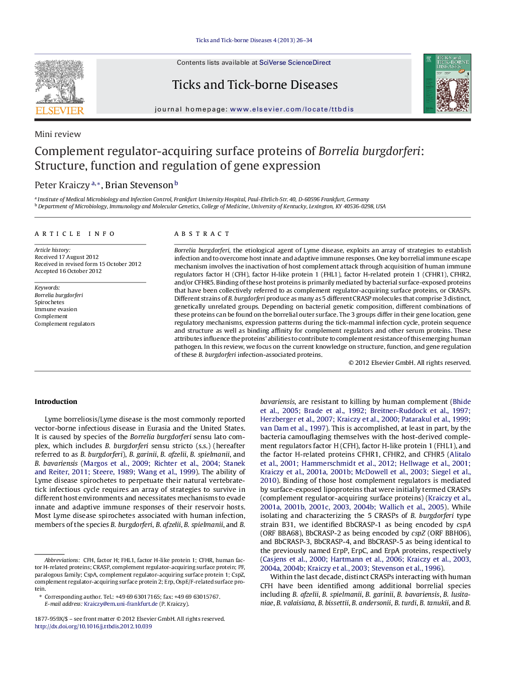 Complement regulator-acquiring surface proteins of Borrelia burgdorferi: Structure, function and regulation of gene expression