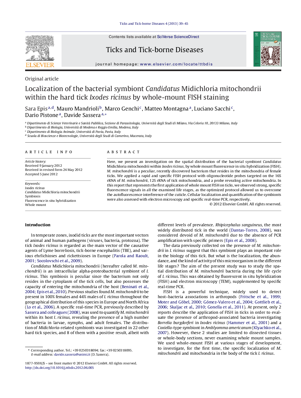 Localization of the bacterial symbiont Candidatus Midichloria mitochondrii within the hard tick Ixodes ricinus by whole-mount FISH staining